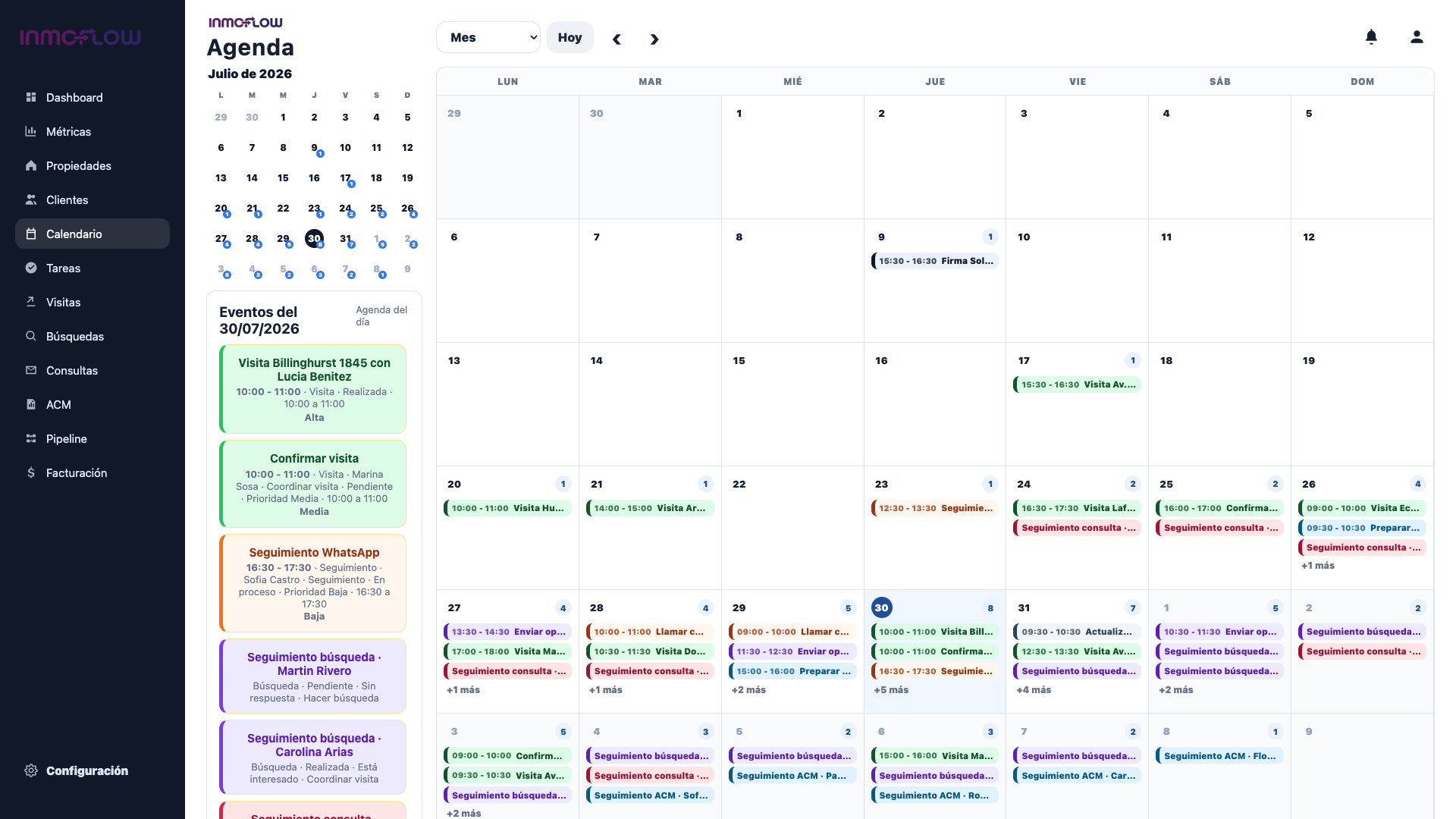 Calendario mensual de Inmoflow con visitas, tareas y seguimientos, con datos ficticios