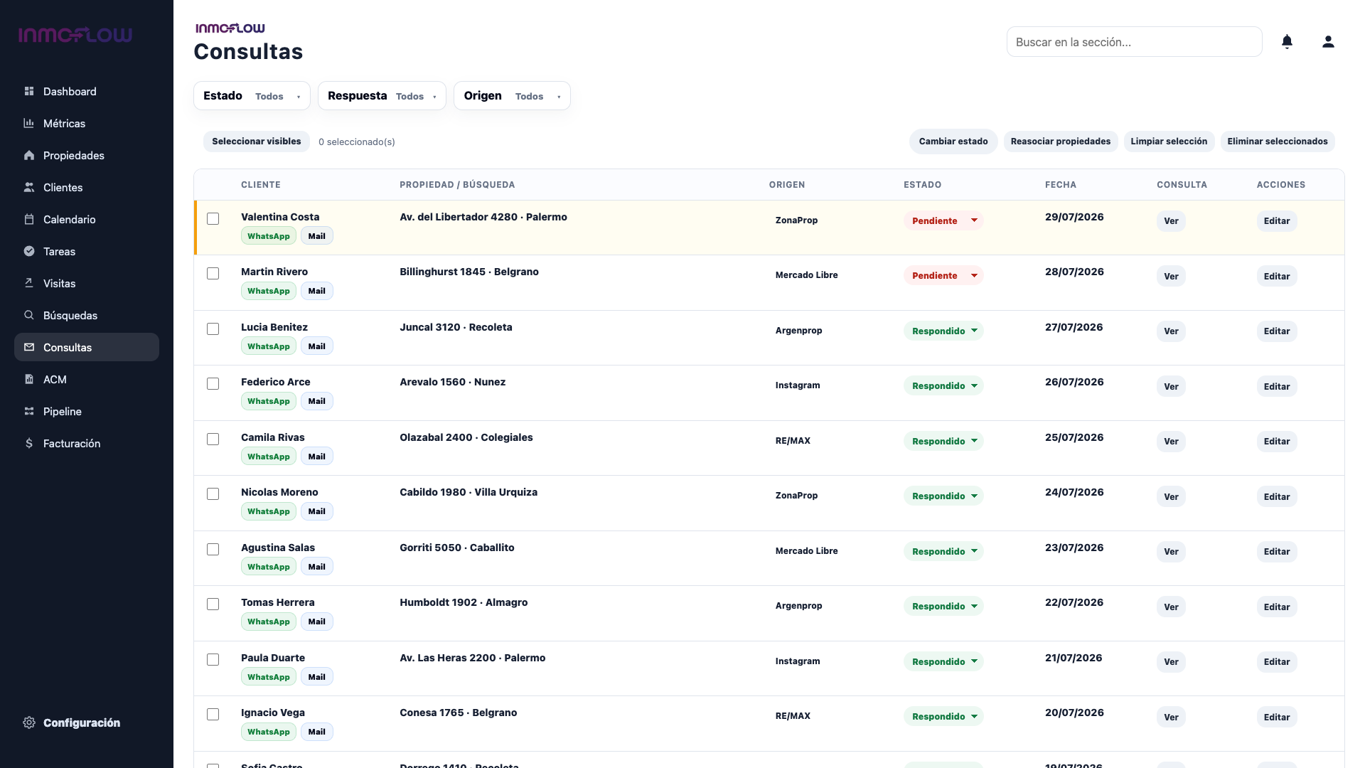Consultas importadas de portales en Inmoflow con datos ficticios